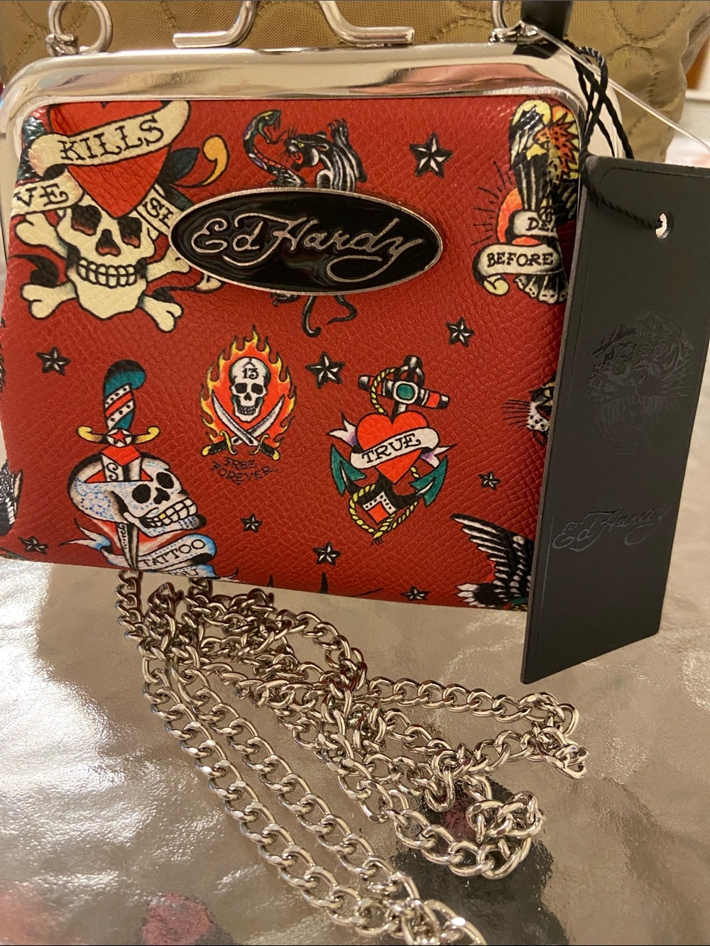 Ed Hardy Orange Tattoo-Print Crossbody with Silver Chain
